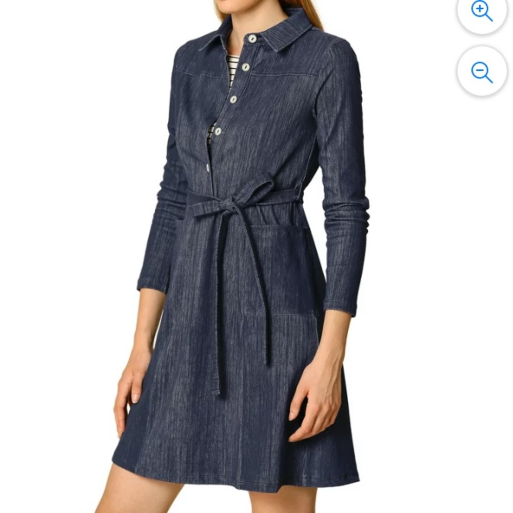 Stretchy Blue Denim Cotton Shirtdress w. Pockets & Removable Belt